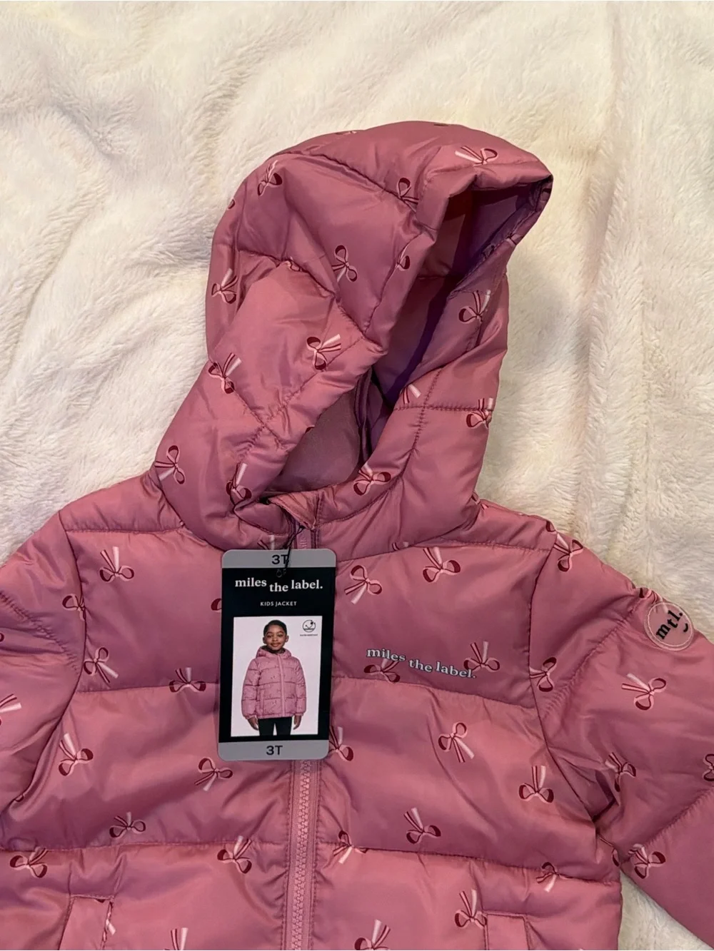 NWT Girls Pink Miles the Label Quilted Hooded Puffer Jacket with Bow Accents